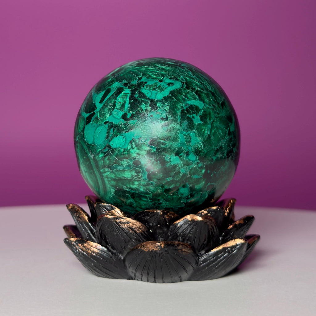 Malachite Sphere on Lotus Flower Stand – 248g