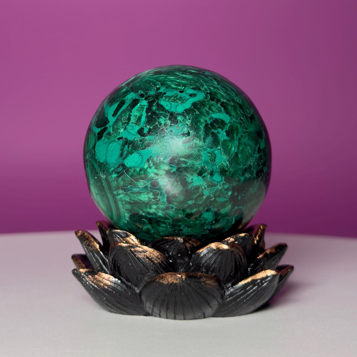 Malachite Sphere on Lotus Flower Stand – 248g