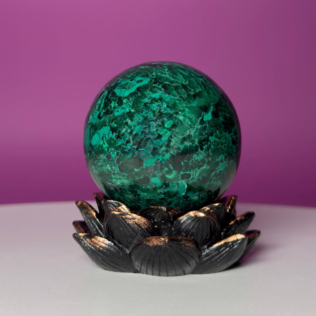 Malachite Sphere on Lotus Flower Stand – 248g