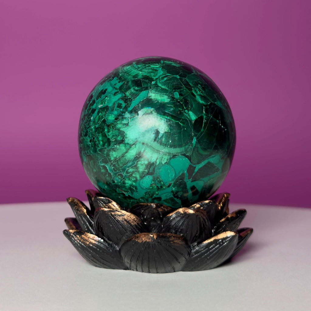 Malachite Sphere on Lotus Flower Stand – 248g