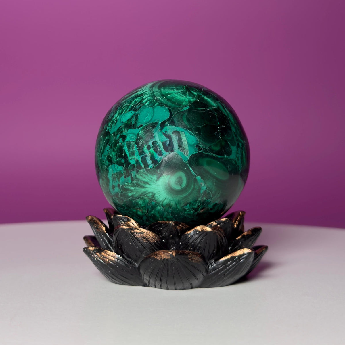 Malachite Sphere on Lotus Flower Stand – 248g