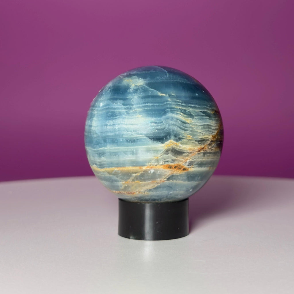 Blue Onyx Sphere with Black Stand | 50mm Banded Calcite
