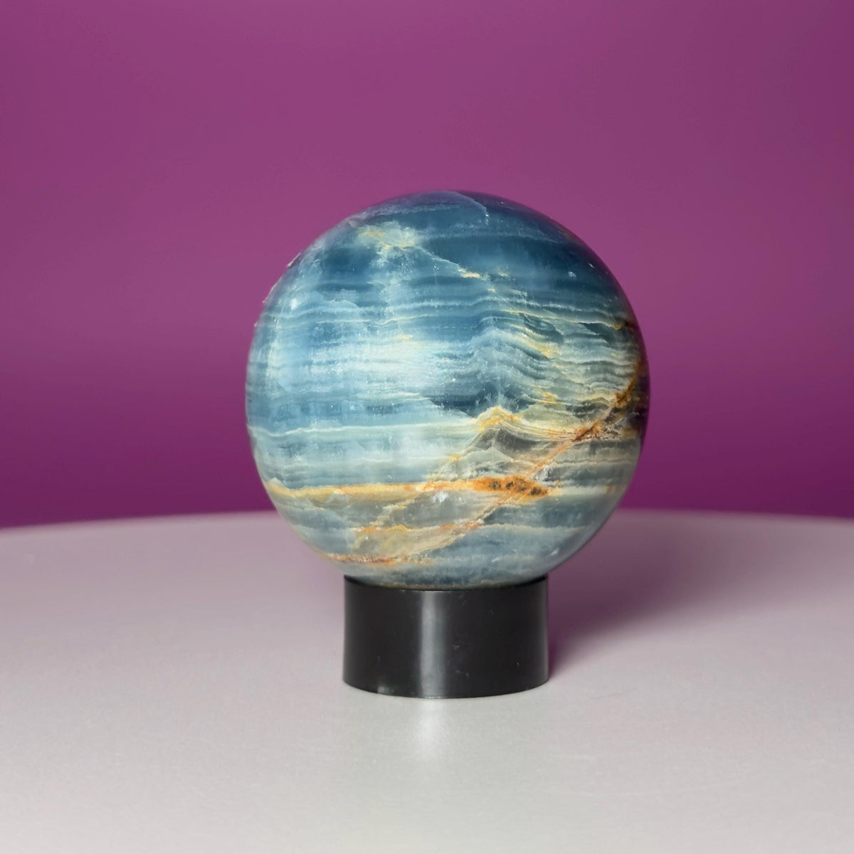 Blue Onyx Sphere with Black Stand | 50mm Banded Calcite