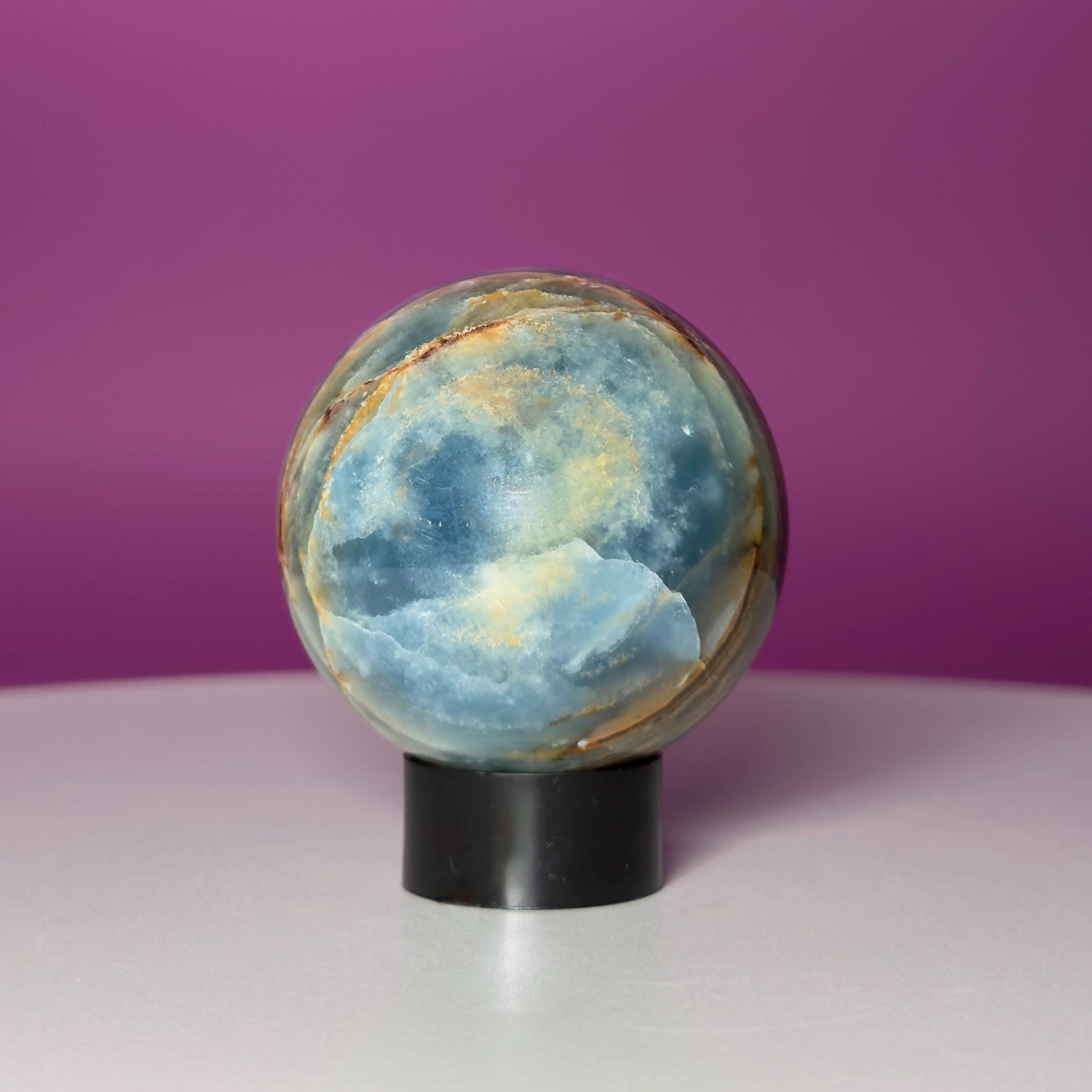 Blue Onyx Sphere with Black Stand | 50mm Banded Calcite
