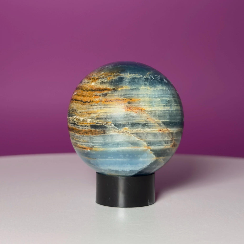 Blue Onyx Sphere with Black Stand | 50mm Banded Calcite