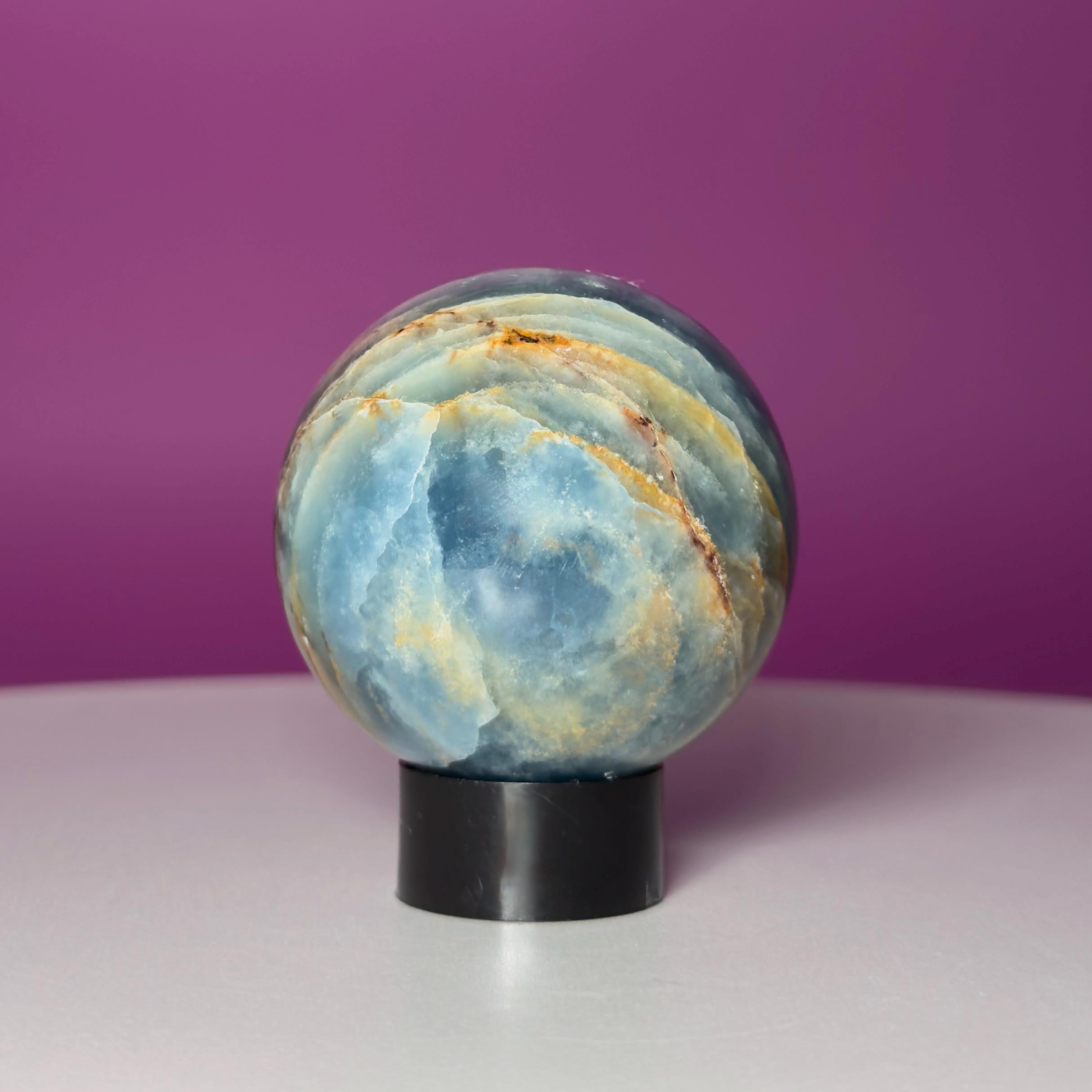 Blue Onyx Sphere with Black Stand | 50mm Banded Calcite
