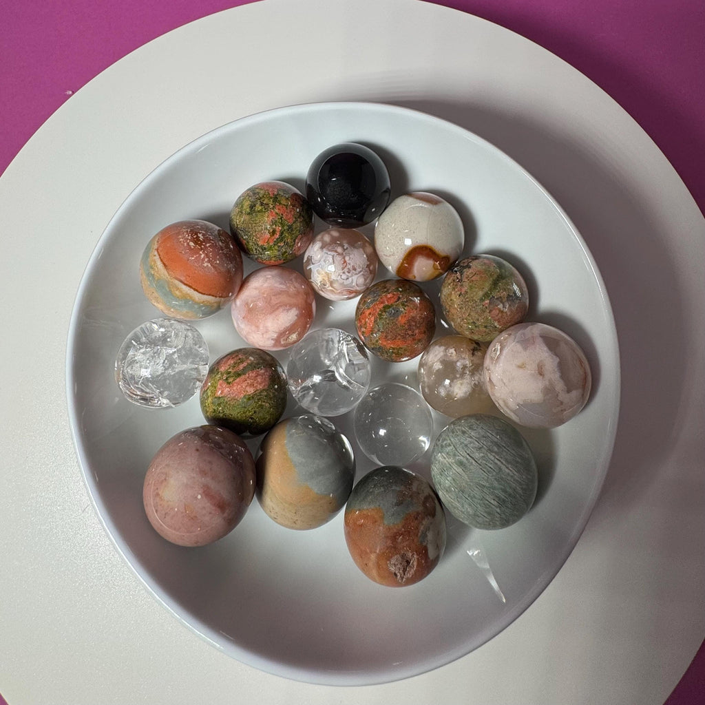 Wholesale Mini Crystal Sphere Lot – 18 Mixed Stone Spheres