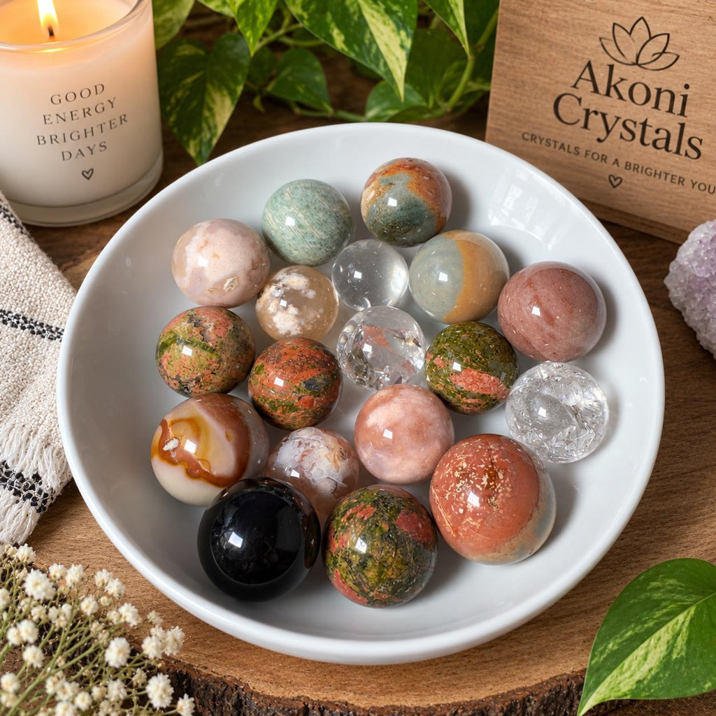 Wholesale Mini Crystal Sphere Lot – 18 Mixed Stone Spheres