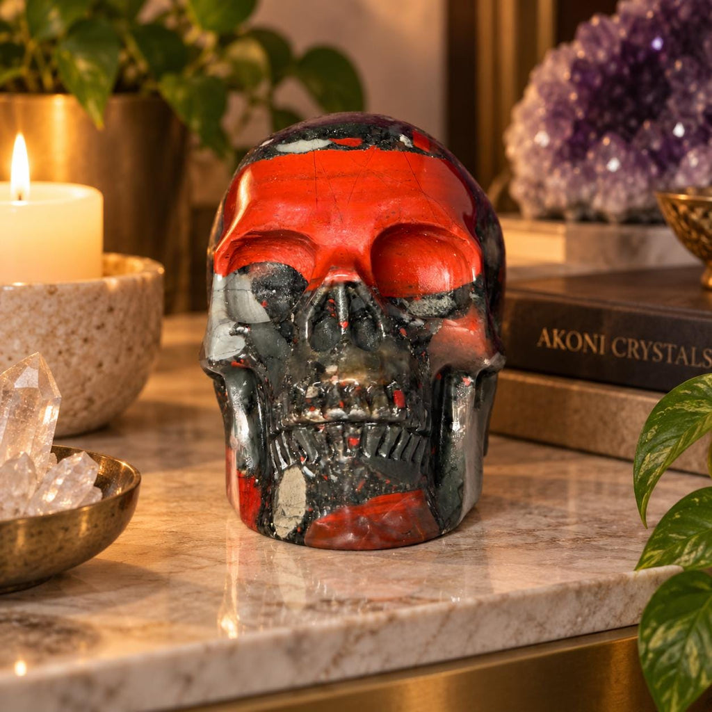African Bloodstone Skull Carving – 483g Natural Stone Skull