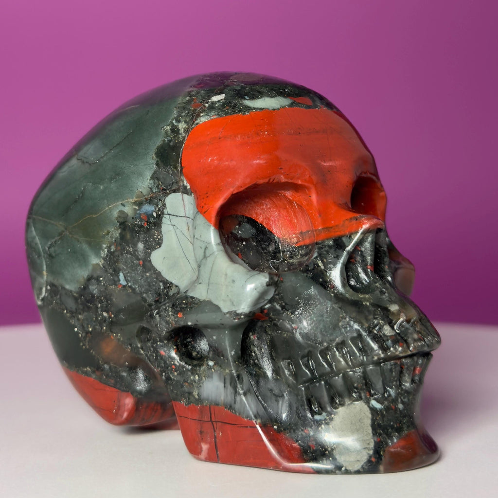 African Bloodstone Skull Carving – 483g Natural Stone Skull