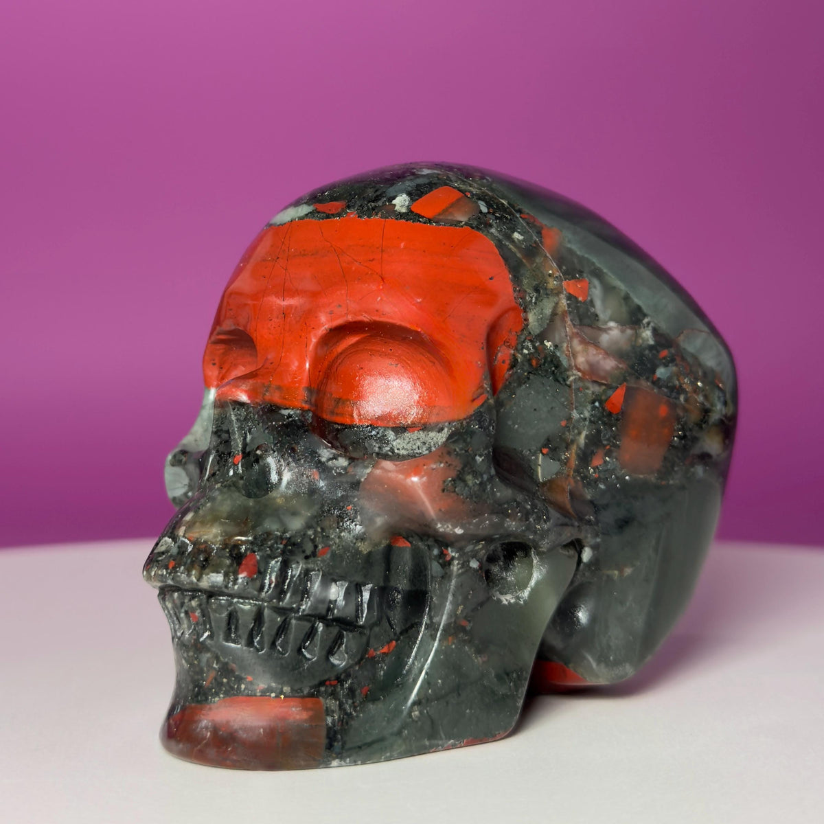 African Bloodstone Skull Carving – 483g Natural Stone Skull