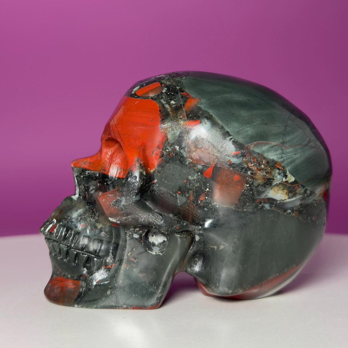 African Bloodstone Skull Carving – 483g Natural Stone Skull