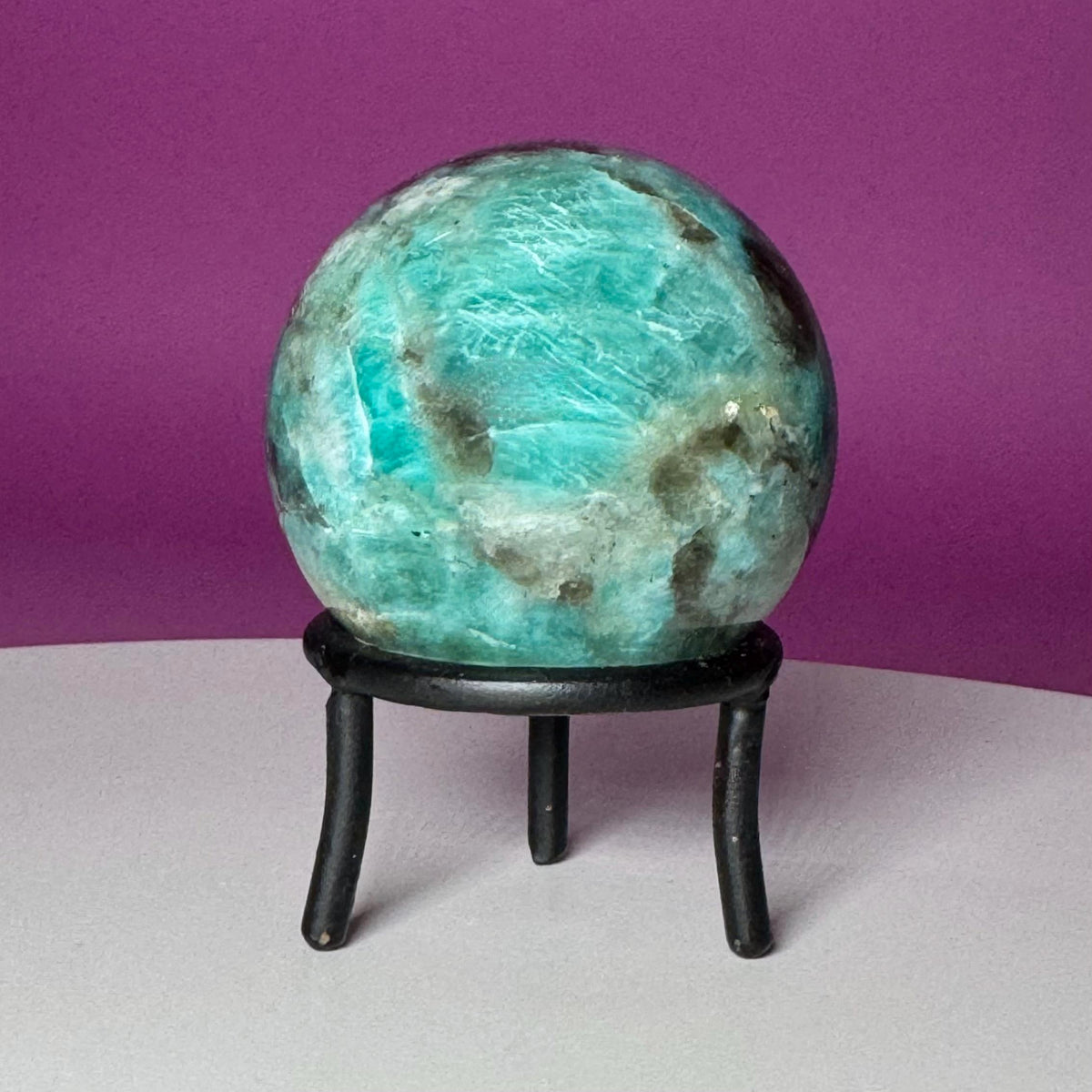 Amazonite with Smoky Quartz Sphere on Wrought Iron Stand