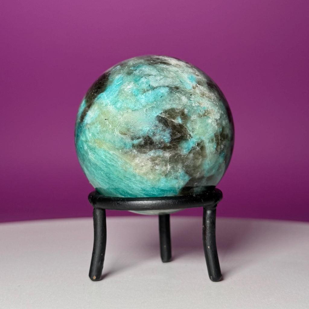 Amazonite with Smoky Quartz Sphere on Wrought Iron Stand