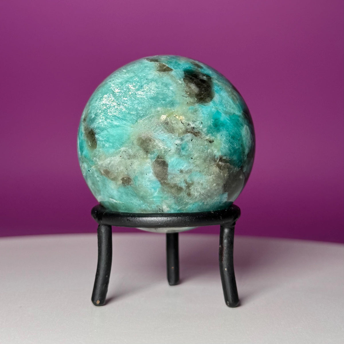 Amazonite with Smoky Quartz Sphere on Wrought Iron Stand