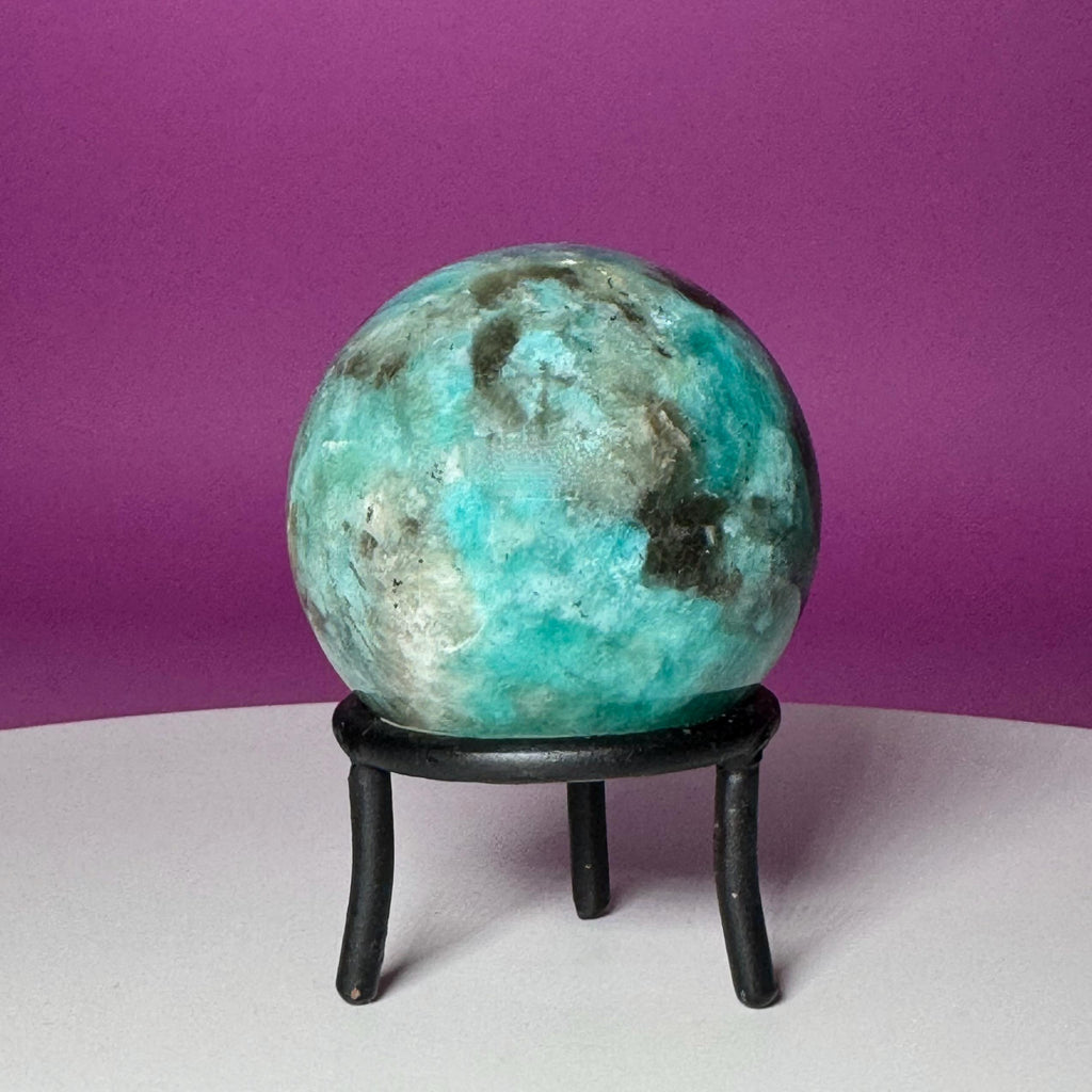 Amazonite with Smoky Quartz Sphere on Wrought Iron Stand