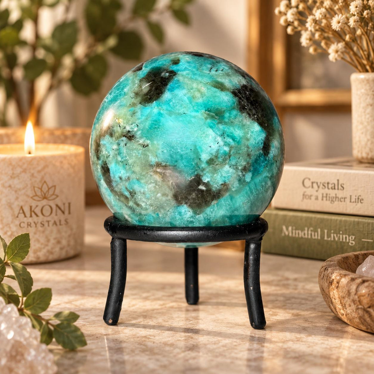 Amazonite with Smoky Quartz Sphere on Wrought Iron Stand