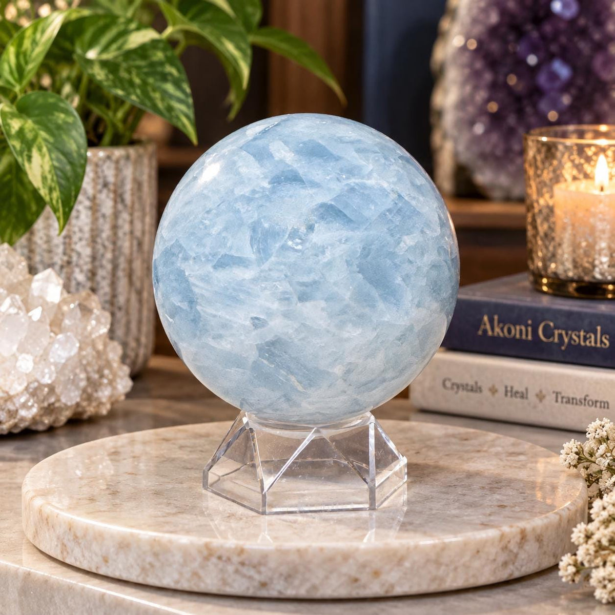 Blue Calcite Sphere with Acrylic Stand | Large Crystal Display