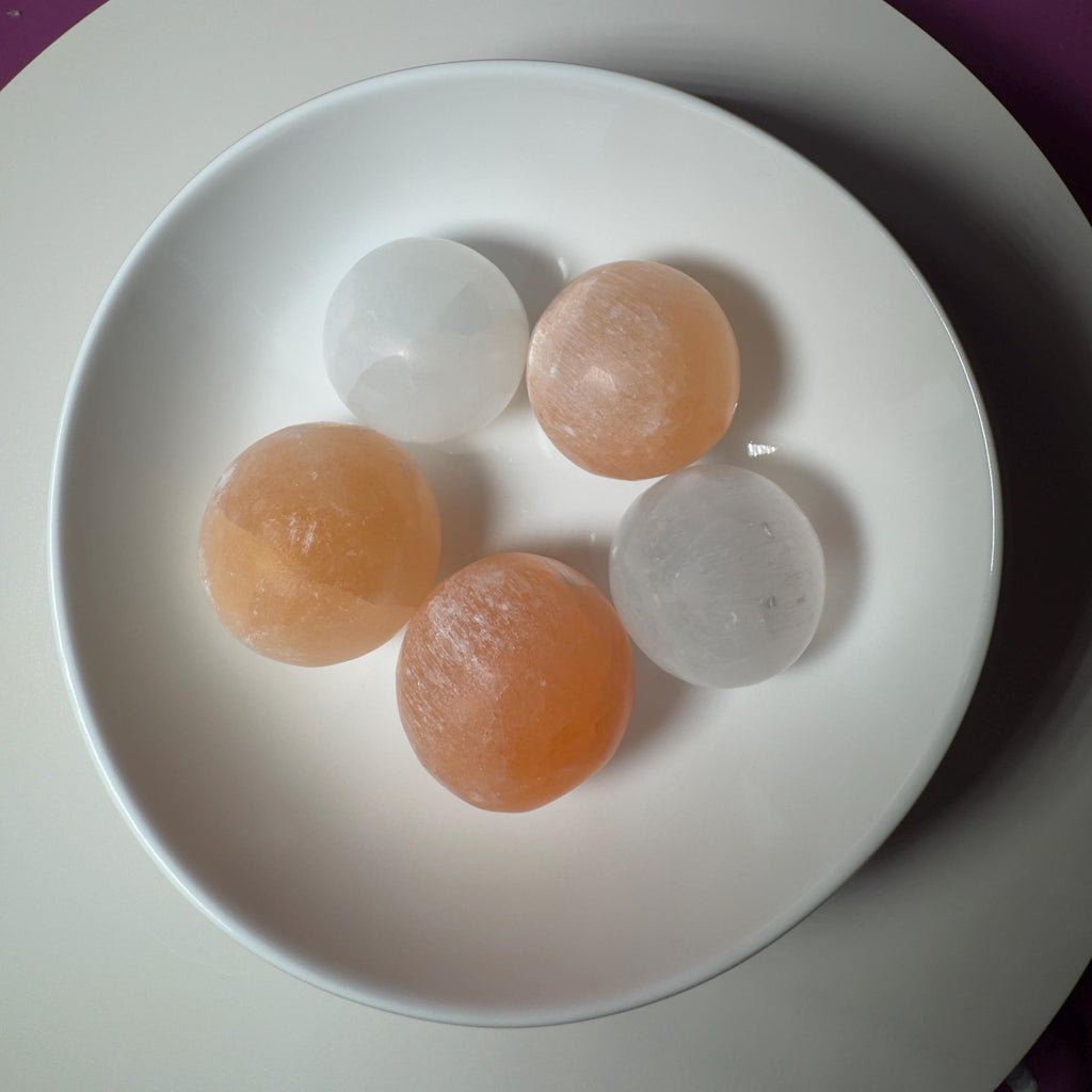 Selenite Sphere Lot | 2 White & 3 Orange Hand Carved Spheres