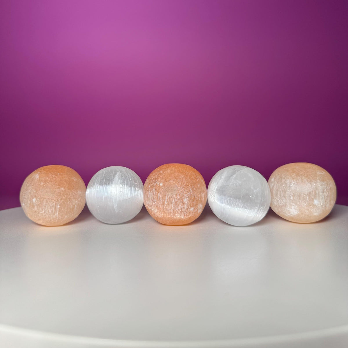Selenite Sphere Lot | 2 White & 3 Orange Hand Carved Spheres