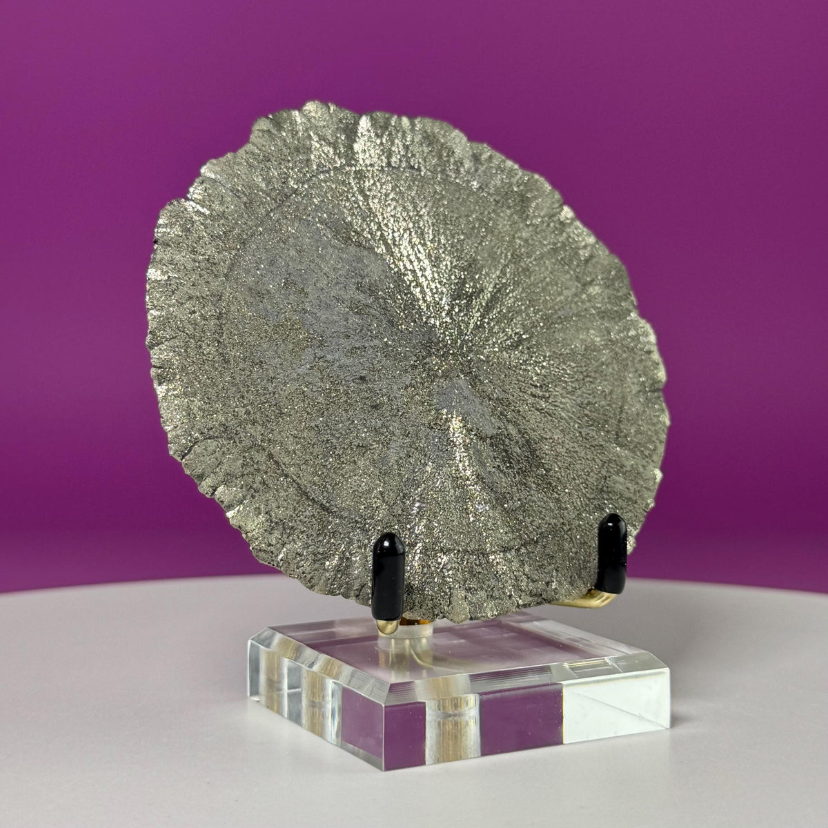 Pyrite Sun Specimen with Gold Metal & Acrylic Stand