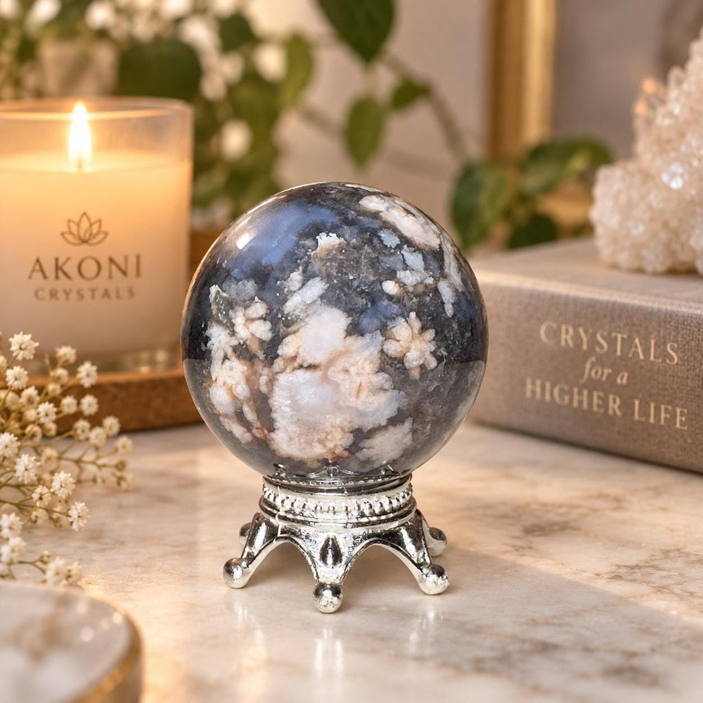 Blue Flower Agate Sphere on Silver Metal Stand – 162g