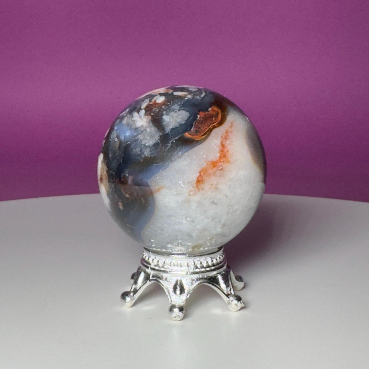 Blue Flower Agate Sphere on Silver Metal Stand – 162g