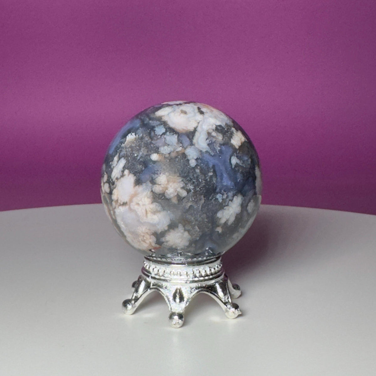 Blue Flower Agate Sphere on Silver Metal Stand – 162g
