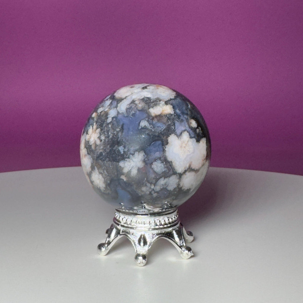 Blue Flower Agate Sphere on Silver Metal Stand – 162g