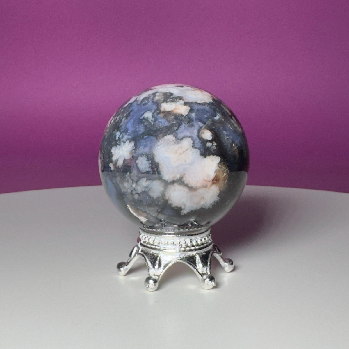 Blue Flower Agate Sphere on Silver Metal Stand – 162g