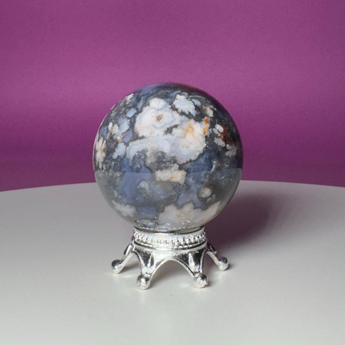 Blue Flower Agate Sphere on Silver Metal Stand – 162g