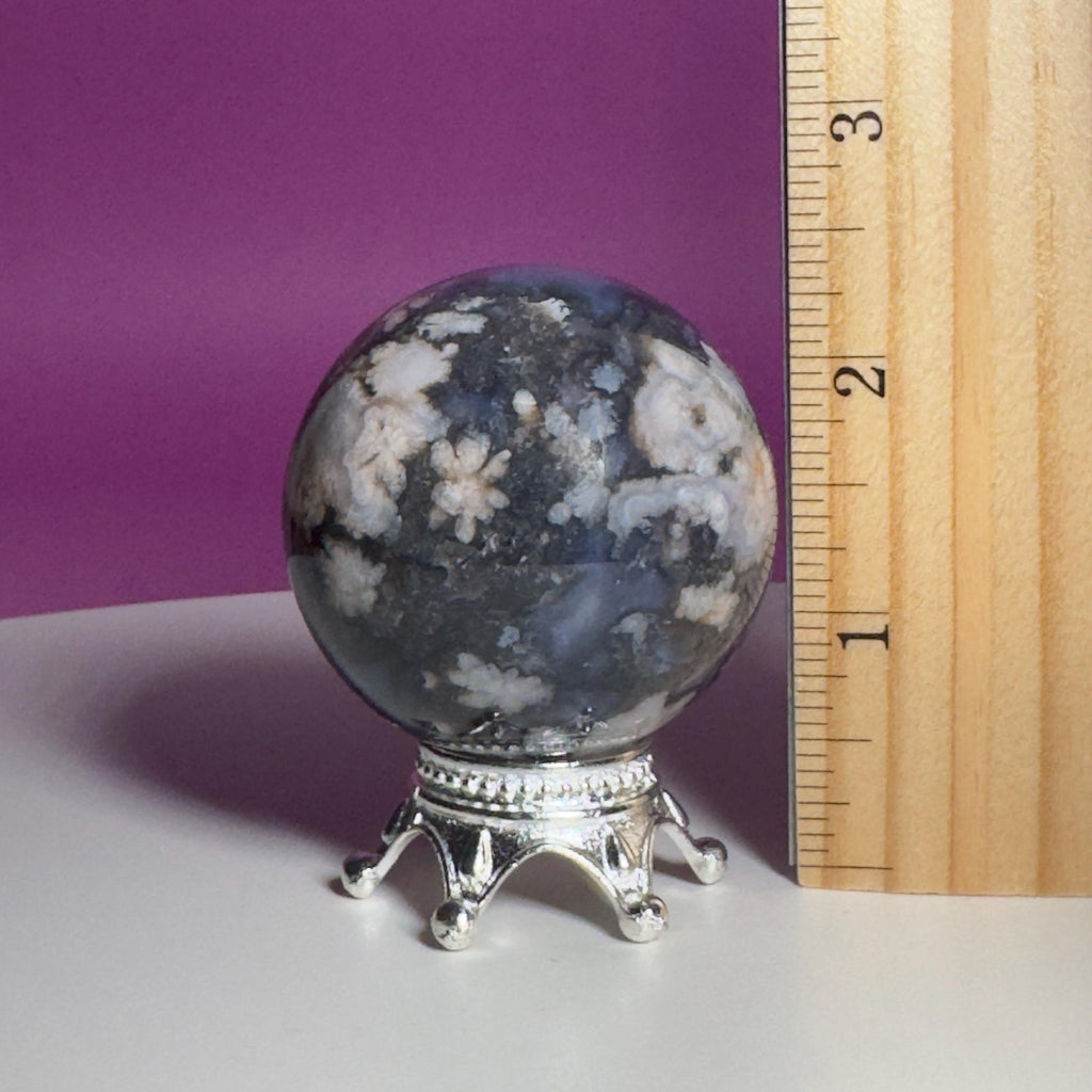 Blue Flower Agate Sphere on Silver Metal Stand – 162g