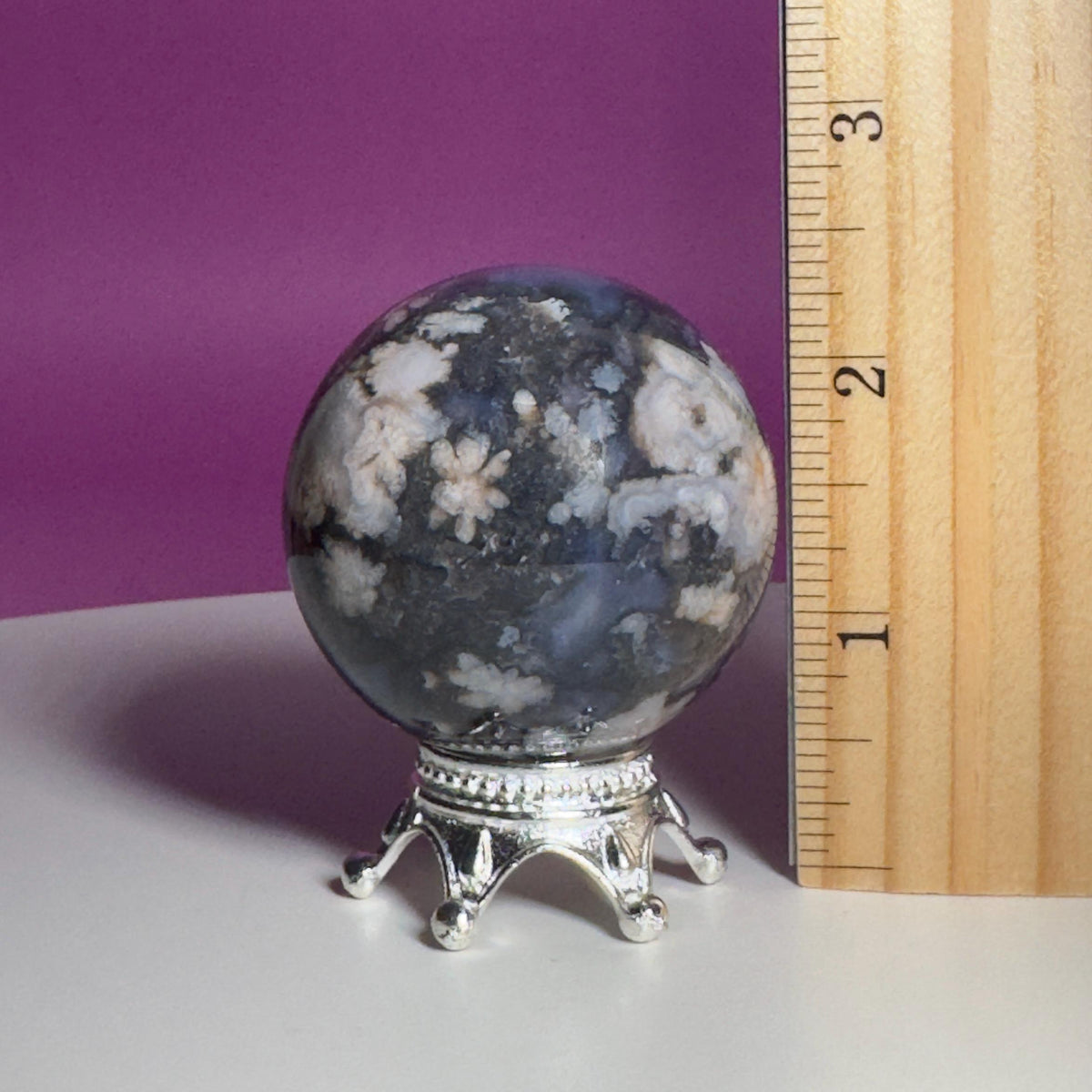 Blue Flower Agate Sphere on Silver Metal Stand – 162g