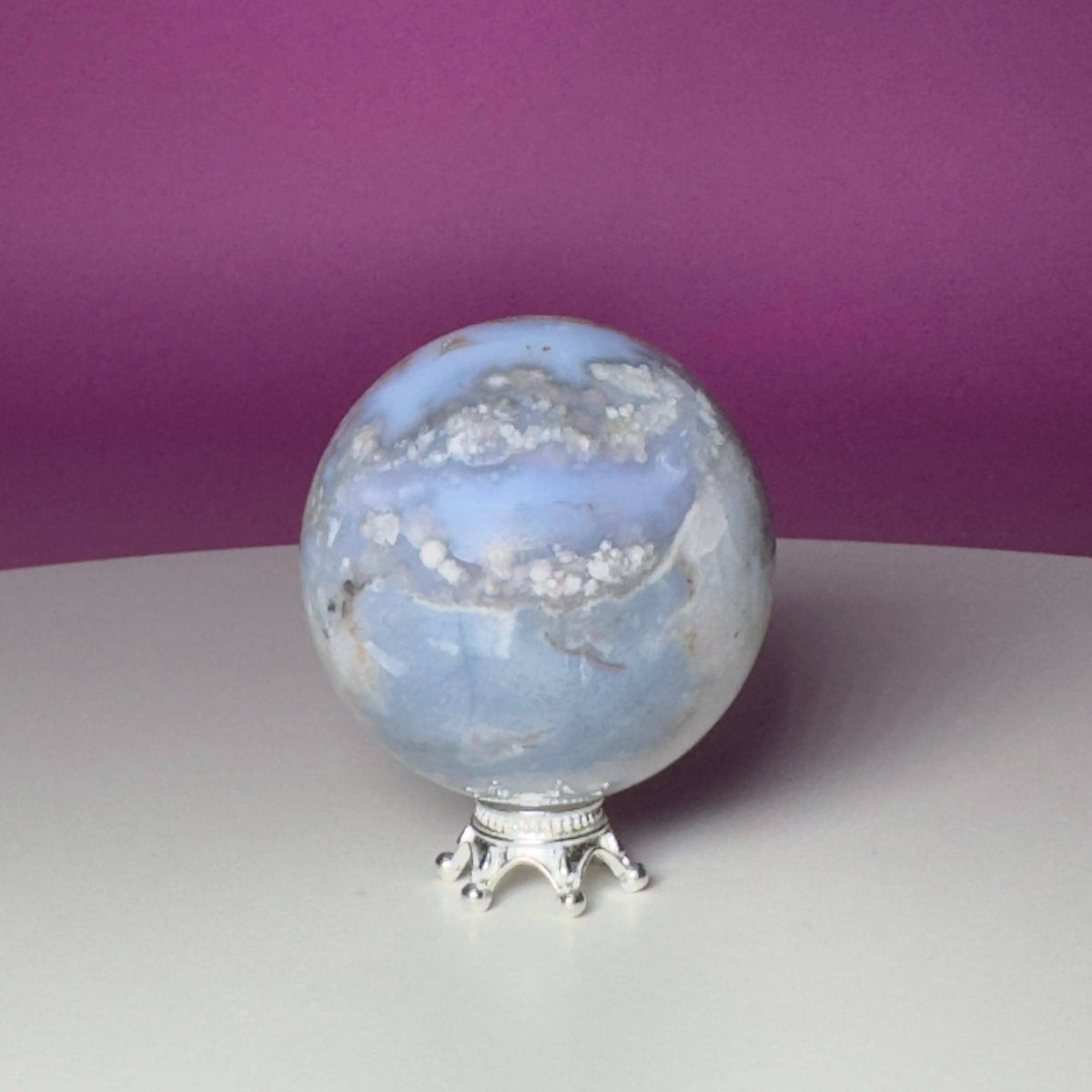 Blue Flower Agate Sphere on Silver Metal Stand – 107g