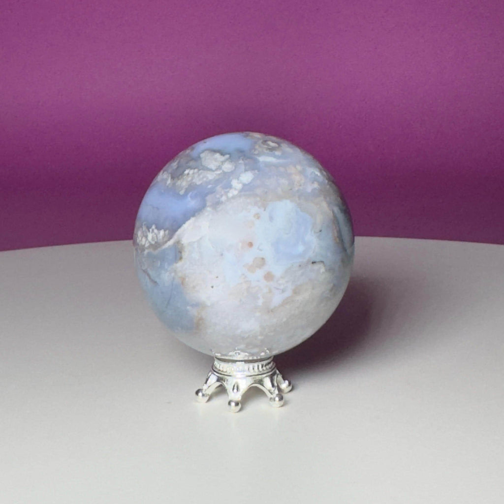 Blue Flower Agate Sphere on Silver Metal Stand – 107g
