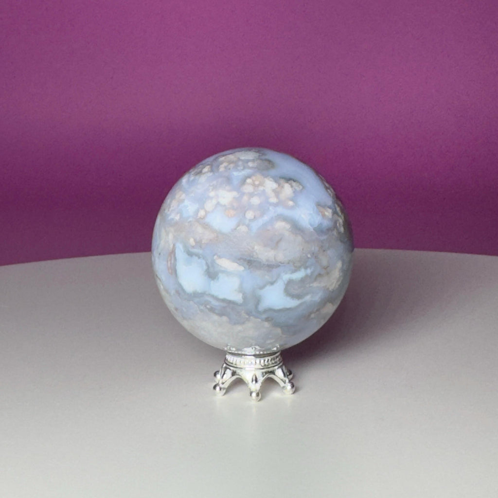 Blue Flower Agate Sphere on Silver Metal Stand – 107g