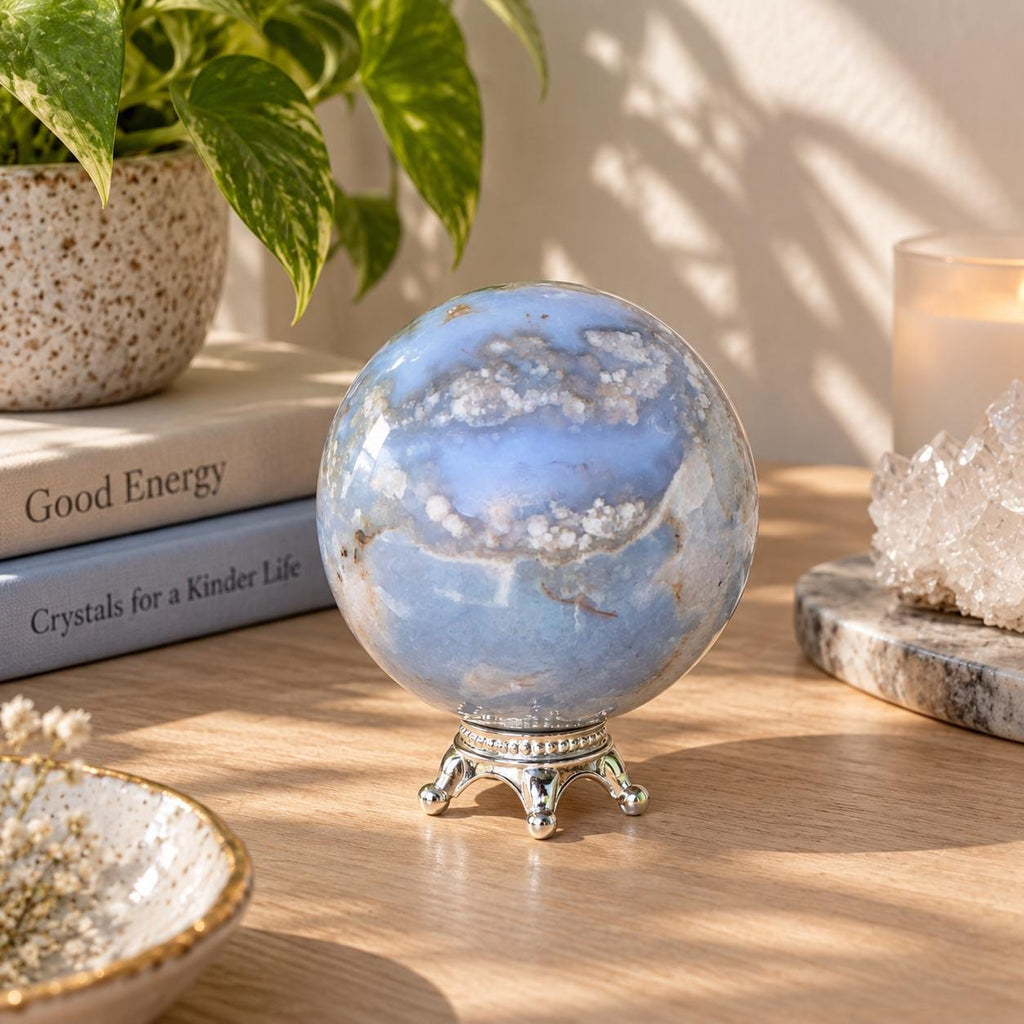 Blue Flower Agate Sphere on Silver Metal Stand – 107g