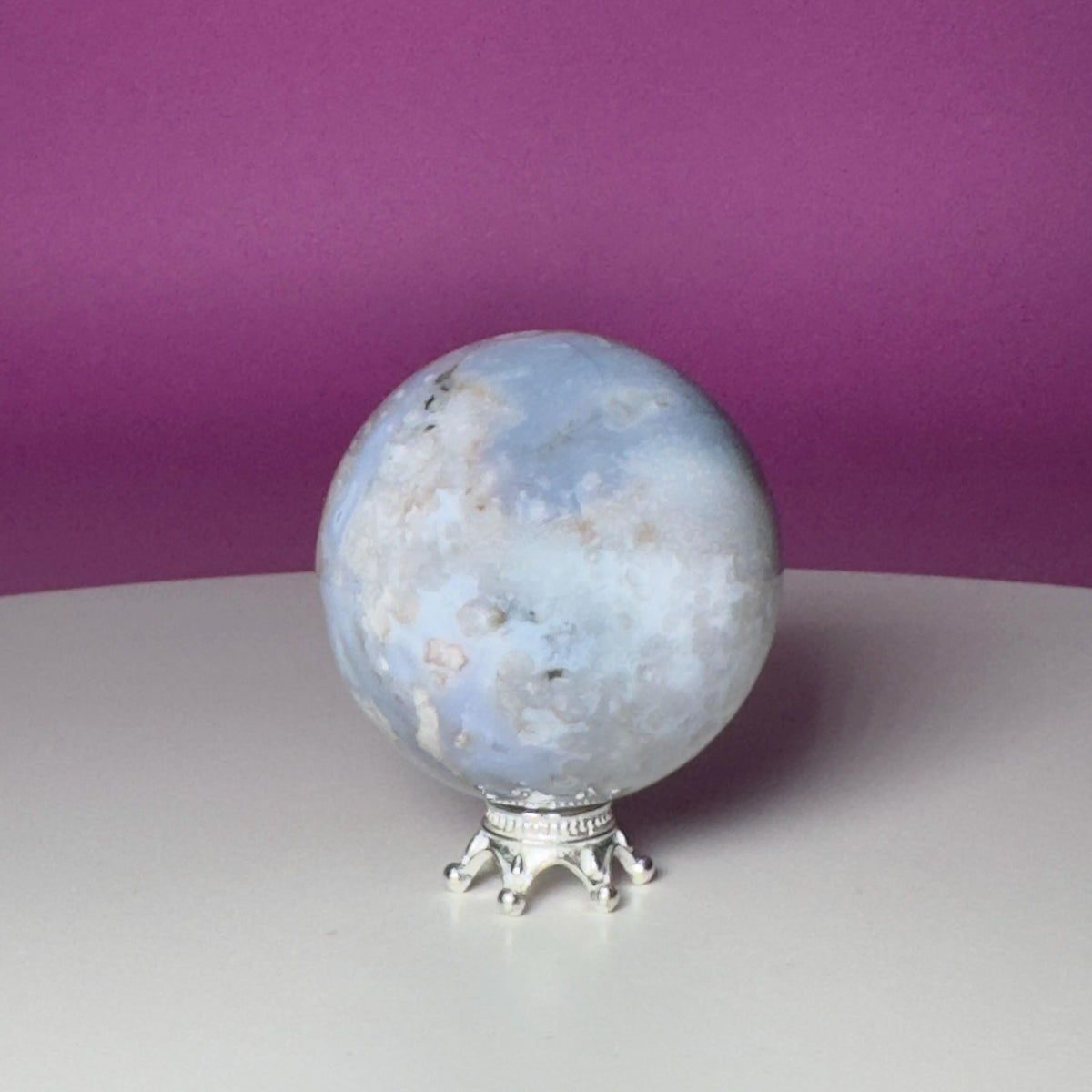 Blue Flower Agate Sphere on Silver Metal Stand – 107g