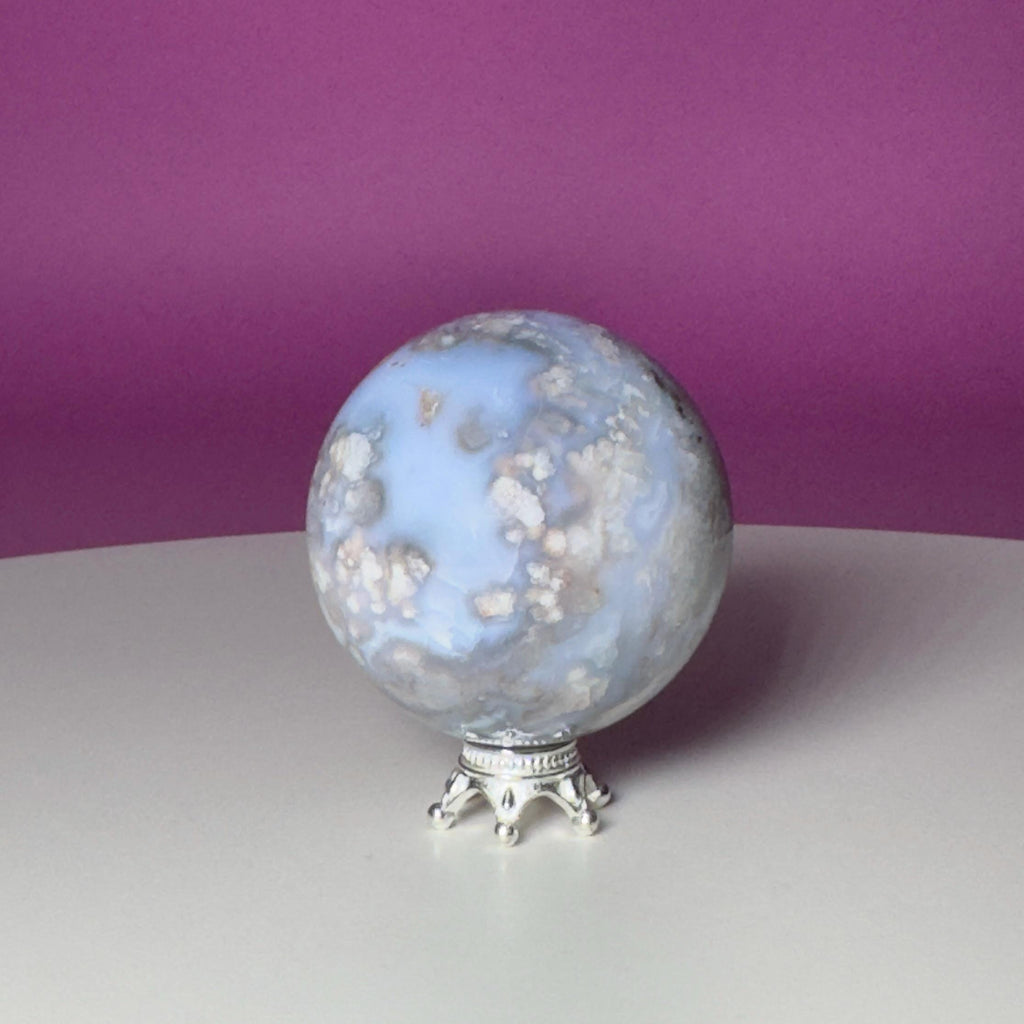 Blue Flower Agate Sphere on Silver Metal Stand – 107g