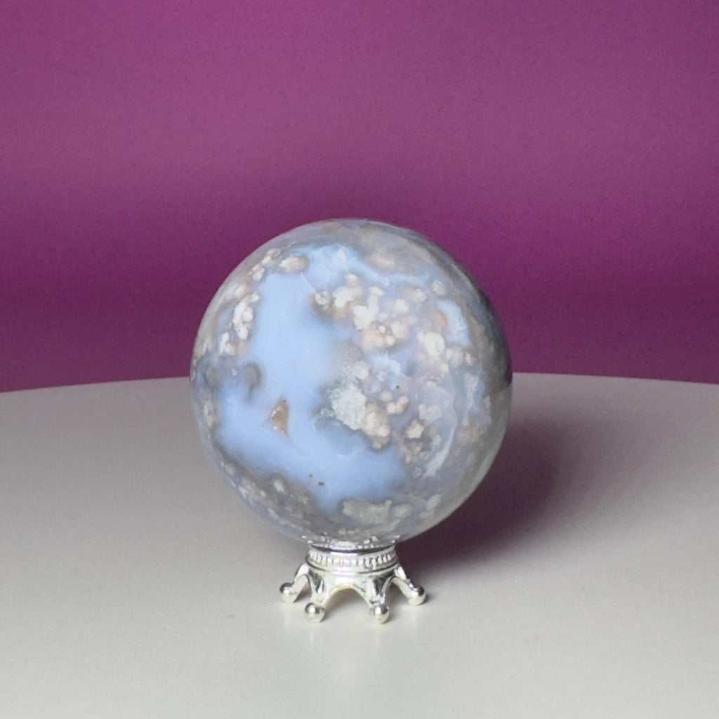 Blue Flower Agate Sphere on Silver Metal Stand – 107g