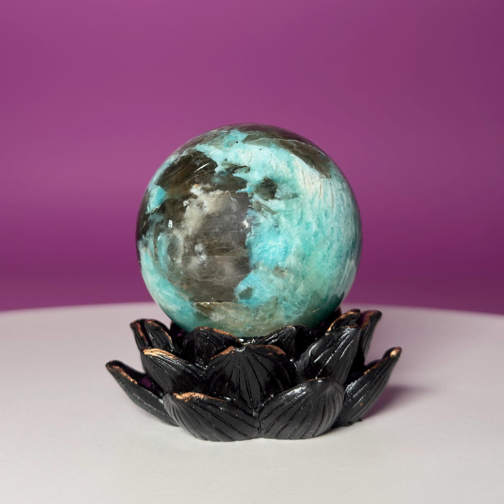 Amazonite with Smoky Quartz Sphere on Lotus Stand
