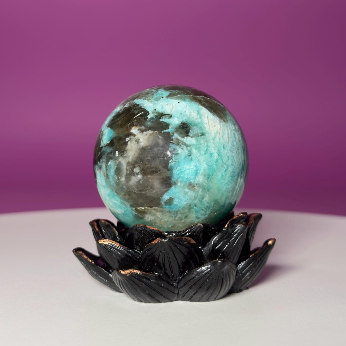 Amazonite with Smoky Quartz Sphere on Lotus Stand