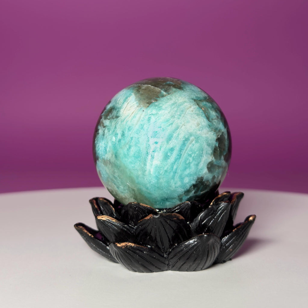 Amazonite with Smoky Quartz Sphere on Lotus Stand