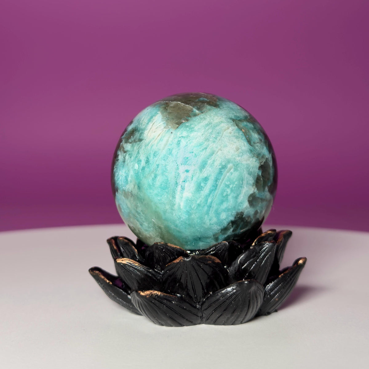 Amazonite with Smoky Quartz Sphere on Lotus Stand
