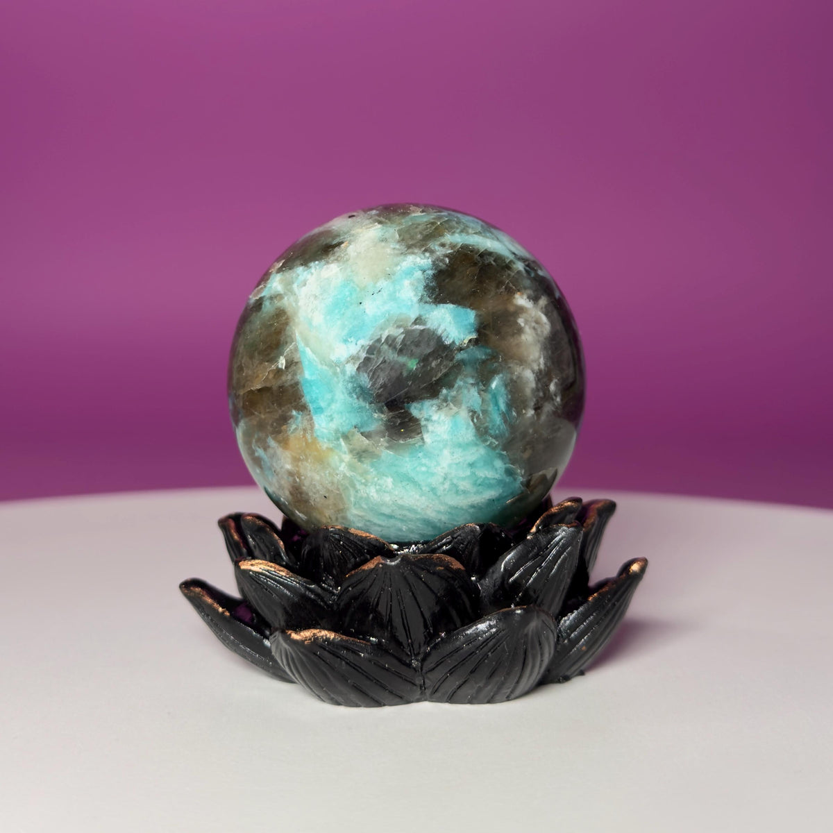 Amazonite with Smoky Quartz Sphere on Lotus Stand