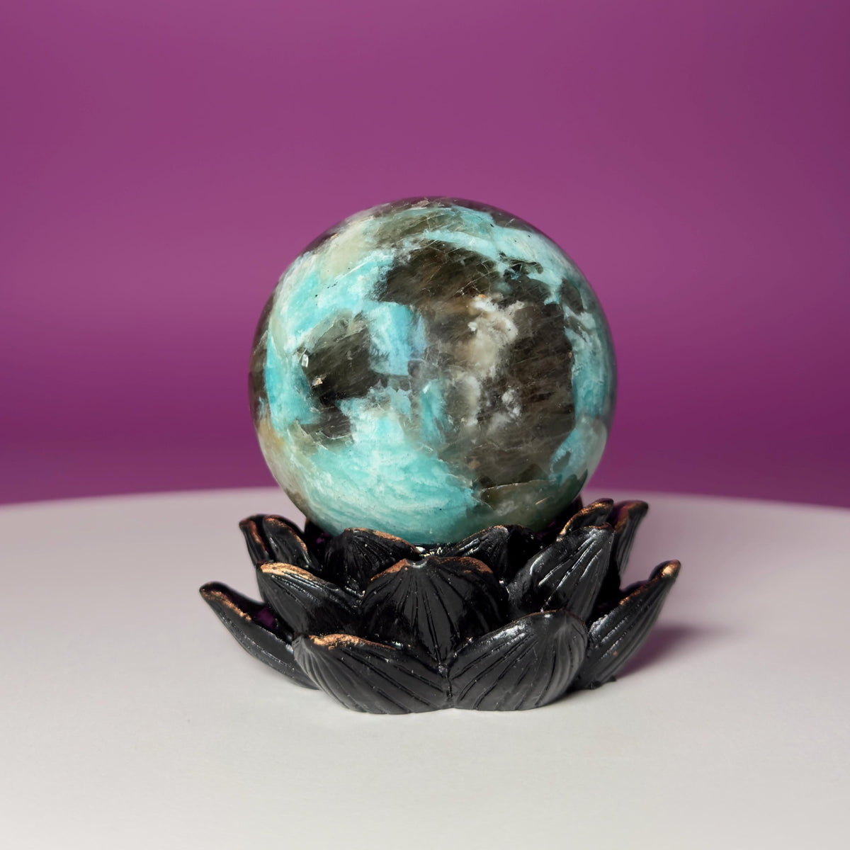 Amazonite with Smoky Quartz Sphere on Lotus Stand
