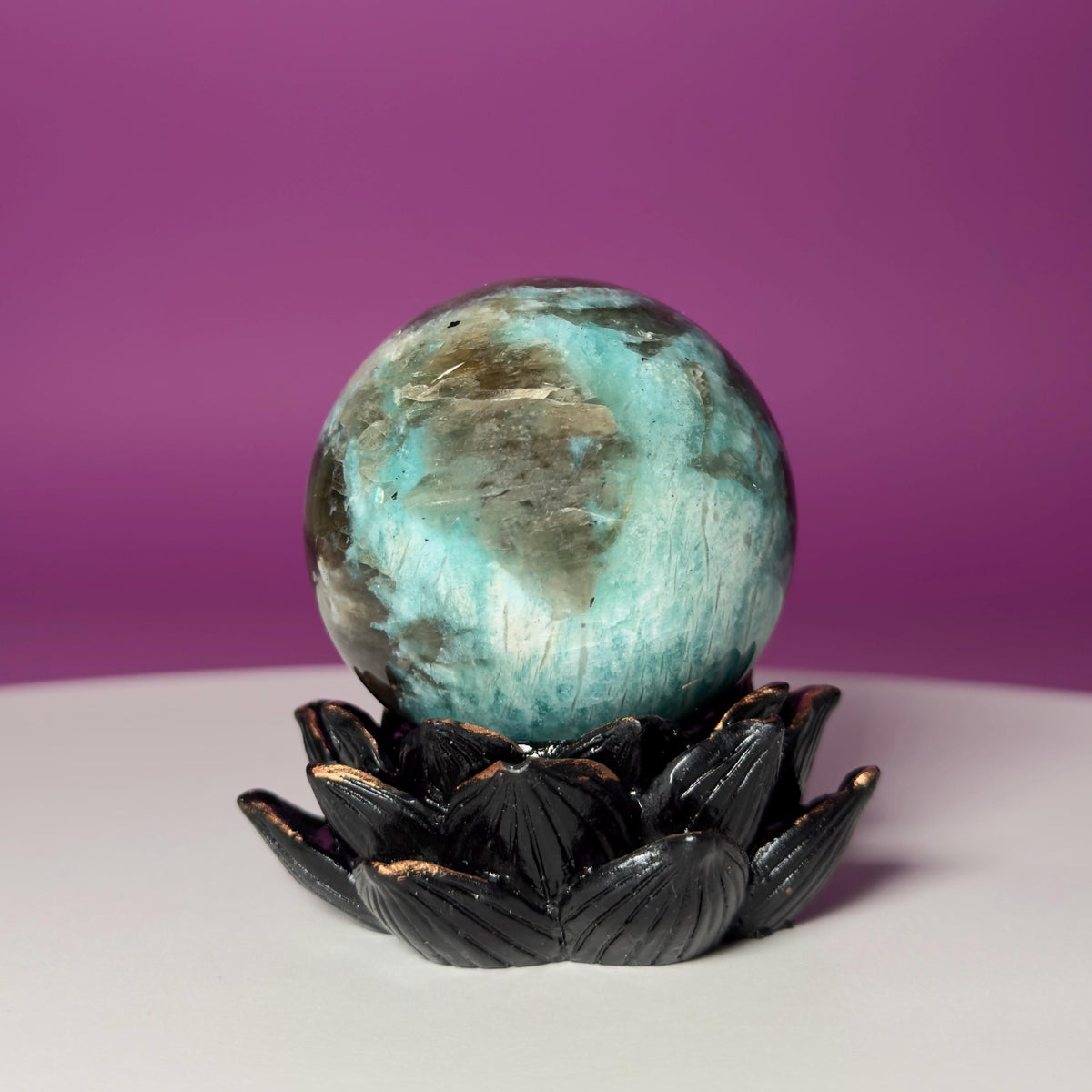 Amazonite with Smoky Quartz Sphere on Lotus Stand