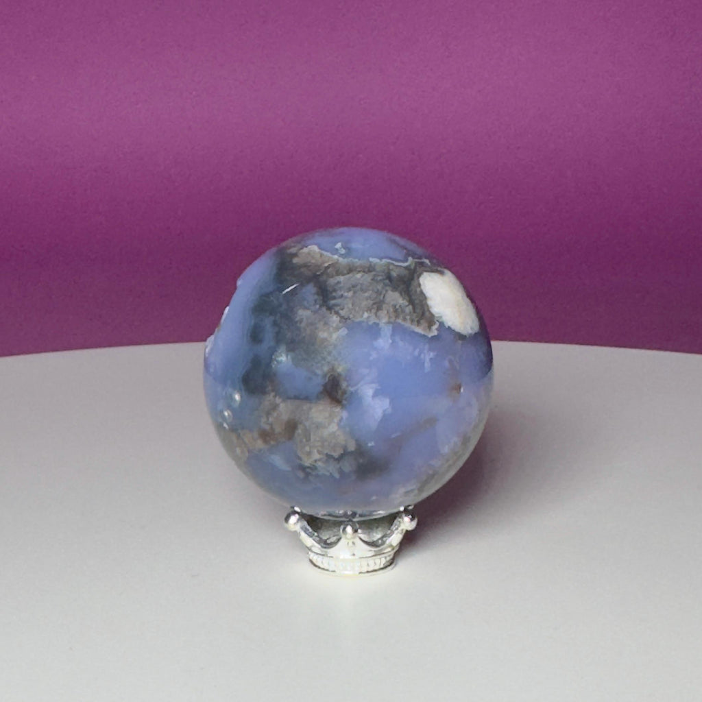 Blue Flower Agate Druzy Sphere with Silver-Tone Stand