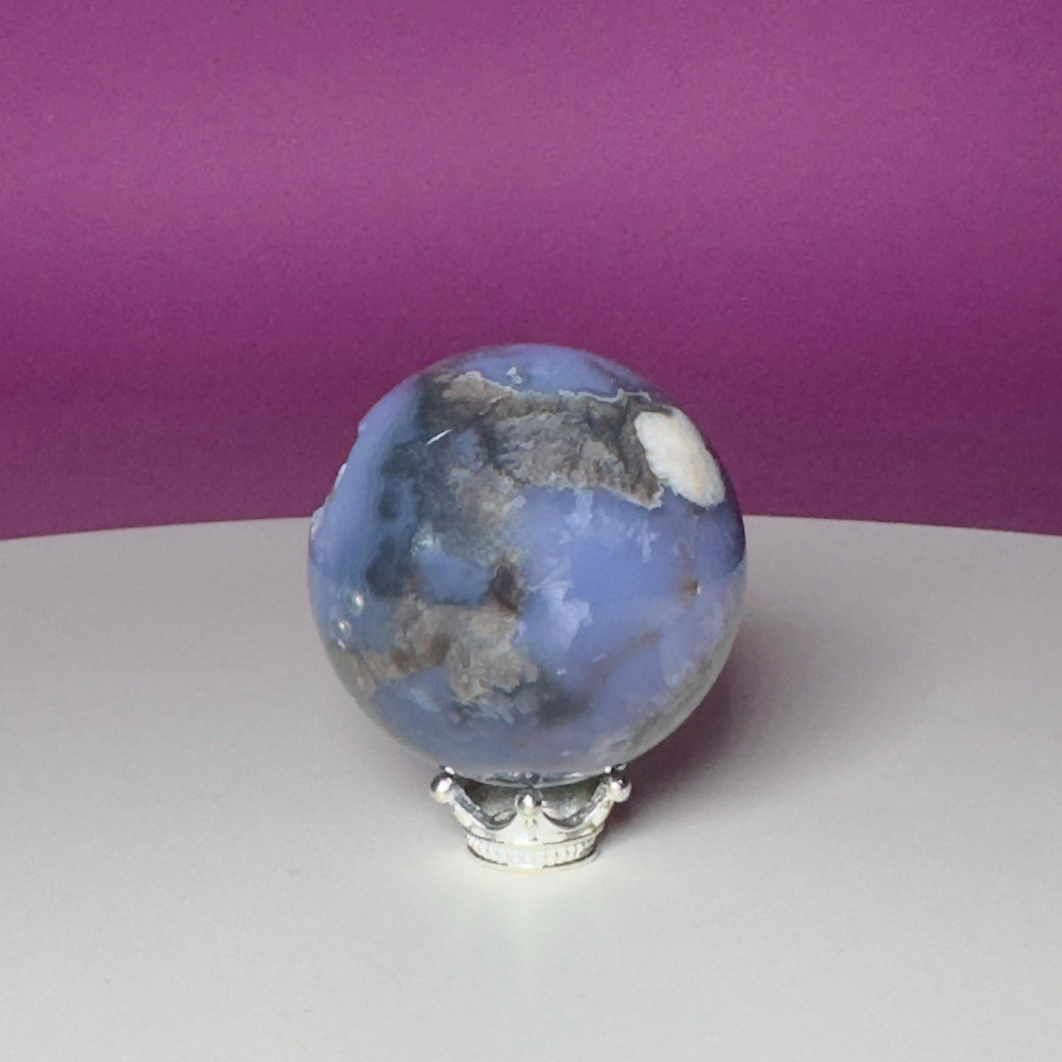Blue Flower Agate Druzy Sphere with Silver-Tone Stand