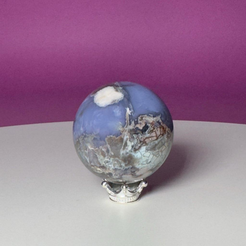 Blue Flower Agate Druzy Sphere with Silver-Tone Stand